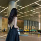 Vacation travel outfit sexy backless suspender dress ins super hot little black dress R1498