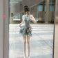 Gentle temperament ruffled sleeveless halter dress unique waist A-line short skirt R0493