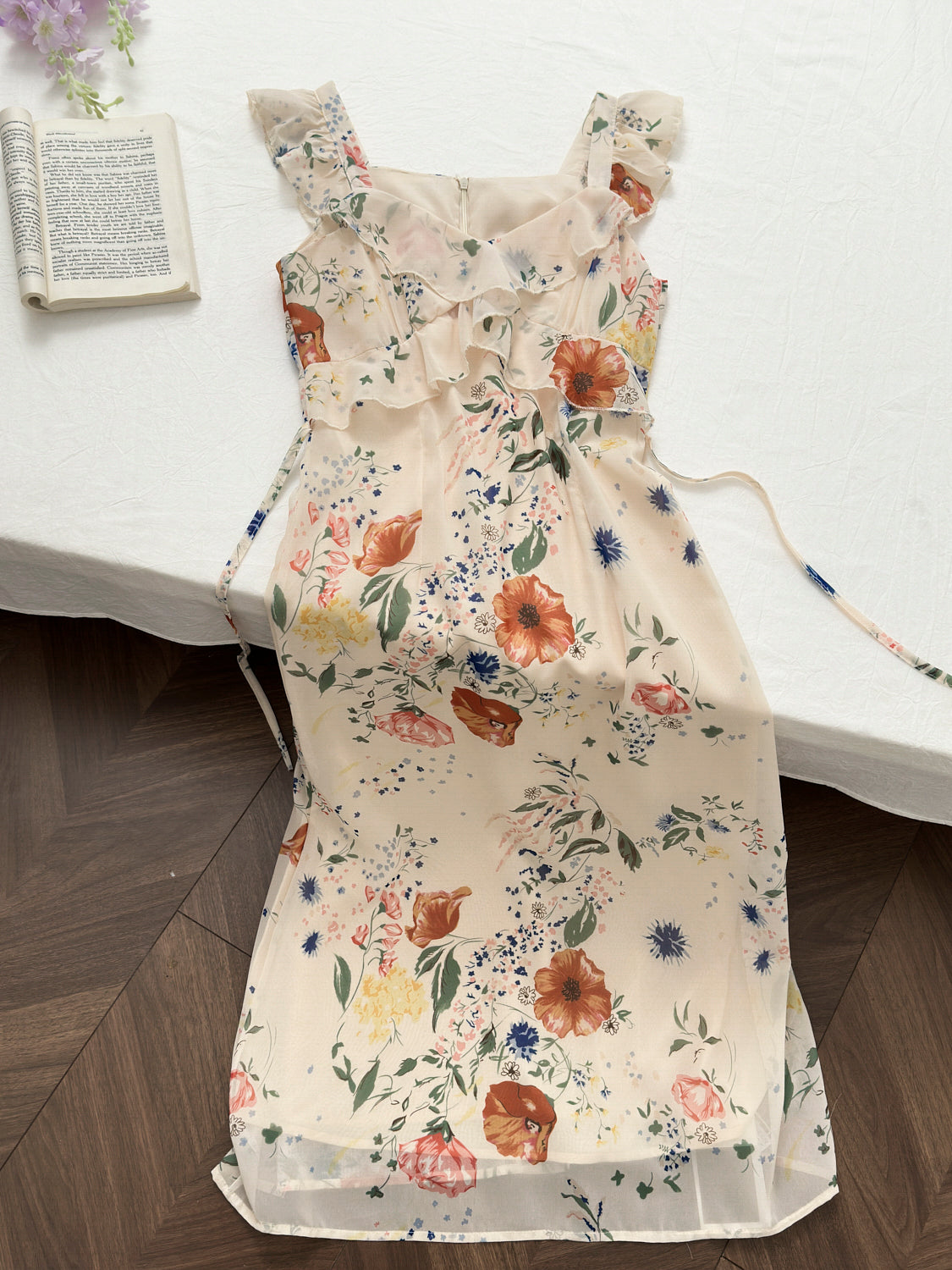 Chiffon Ruffle Print Flying Sleeves Dress Midi Sleeveless Fishtail Skirt R2113