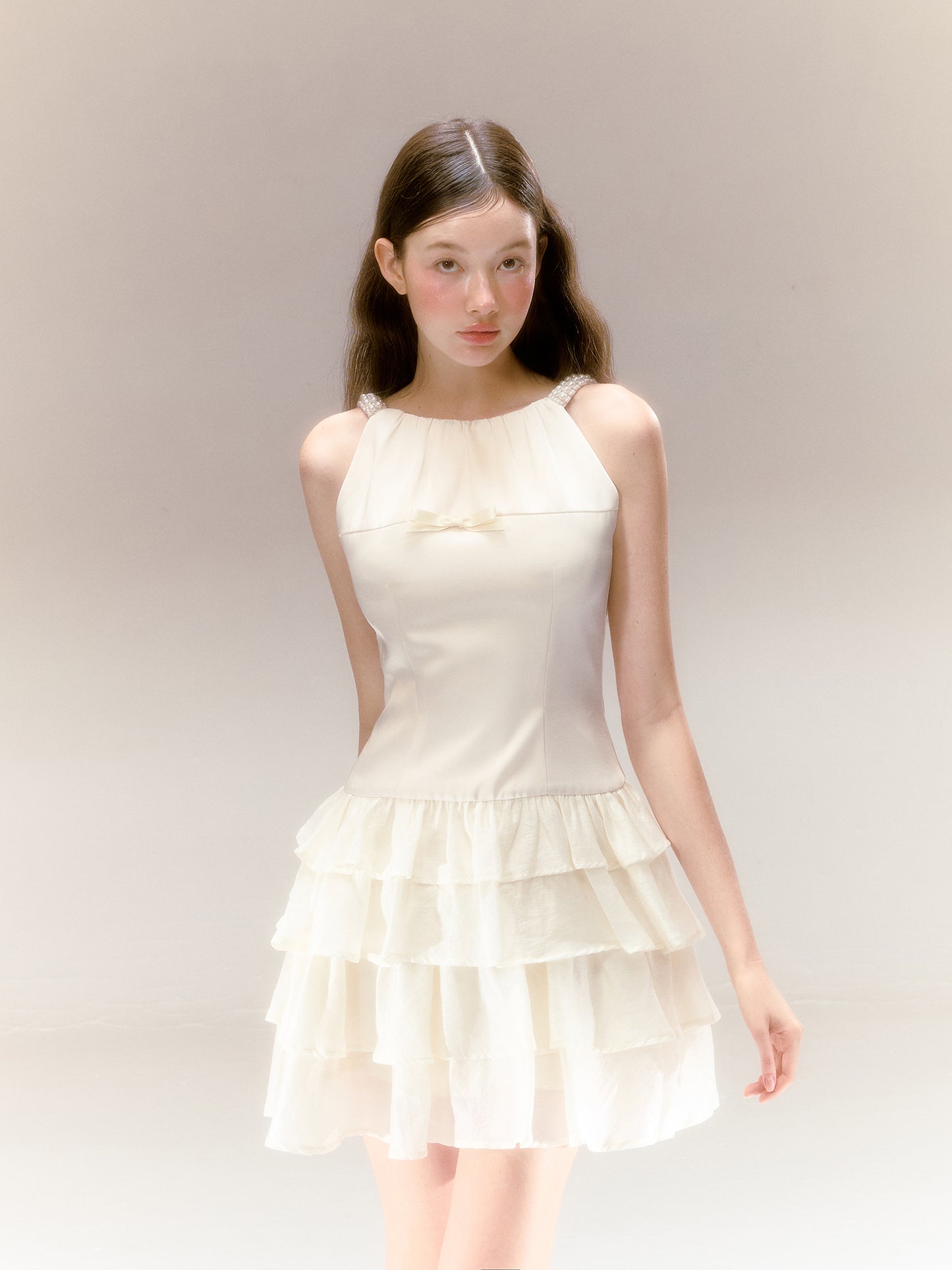 Satin Halter Neck Dress Three-Dimensional Pearl Three-Layer Cake Skirt R5207