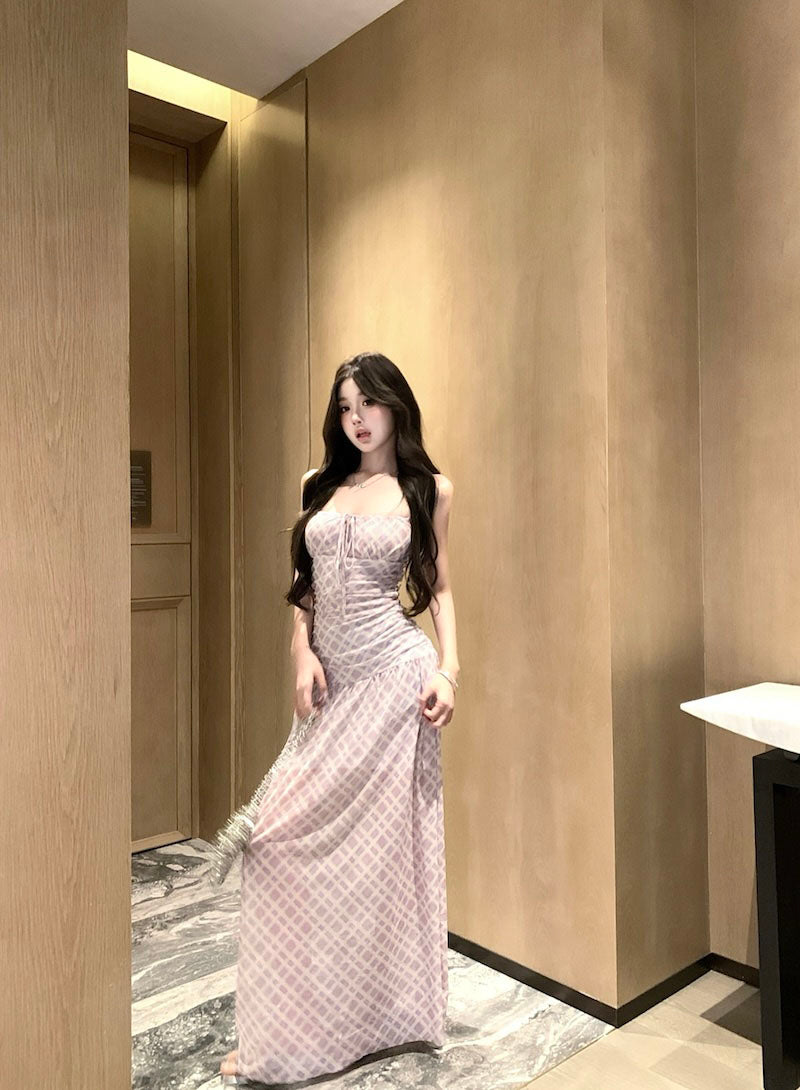 Purple suspender dress beautiful waist a-line beach dress R0587