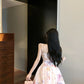 V-neck floral dress with hollow suspenders, beautiful small skirt R0586