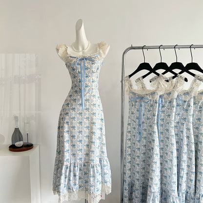 Blue lace splicing floral dress sweet cute gentle long dress R2040
