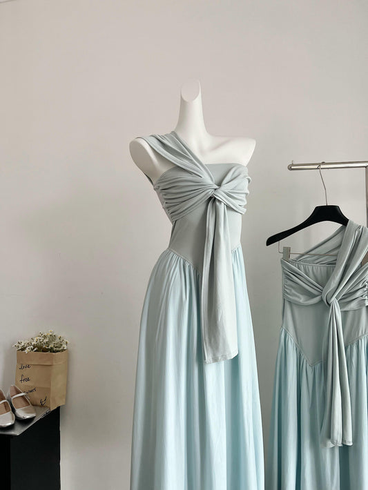 Slimming waist sleeveless hollow pure off-shoulder casual long knitted dress R2039