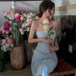 Satin chain suspender dress French waist high-end slit irregular skirt R1497