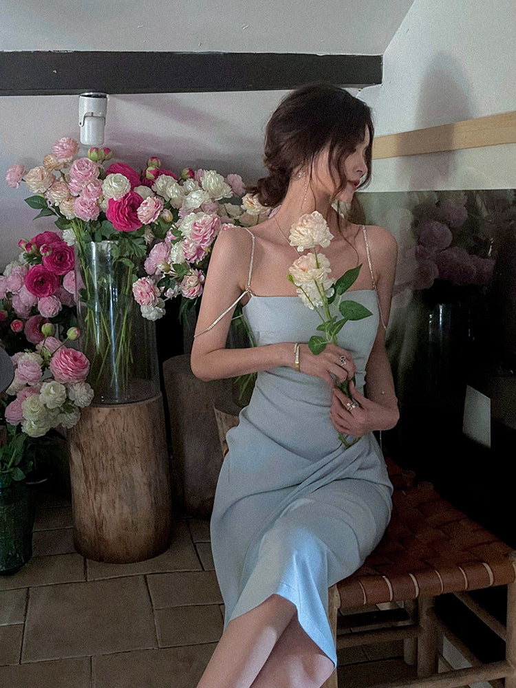 Satin chain suspender dress French waist high-end slit irregular skirt R1497