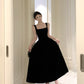 Square neck suspender dress temperament slim Hepburn style evening party black long dress R1484