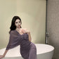 High-grade purple tube top dress, elegant and slim design, fake two-piece shawl pleated hip skirt R1485