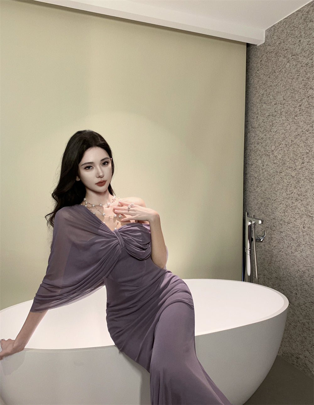 High-grade purple tube top dress, elegant and slim design, fake two-piece shawl pleated hip skirt R1485