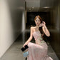 Gentle style pink floral hollow one-shoulder dress with waist A-line long skirt R0612