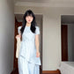 Gentle and sweet style blue puff sleeve dress temperament waist A-line long skirt R0771