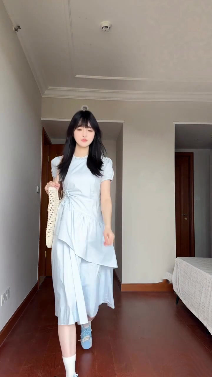 Gentle and sweet style blue puff sleeve dress temperament waist A-line long skirt R0771