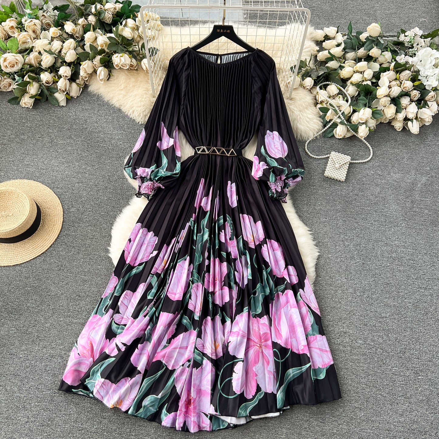 European and American style 2025 new dress printed pleated pleated waist tie holiday long skirt R2337