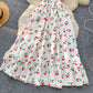 French style square collar, small flying sleeves, slim waist, single-breasted cherry print dress R2339