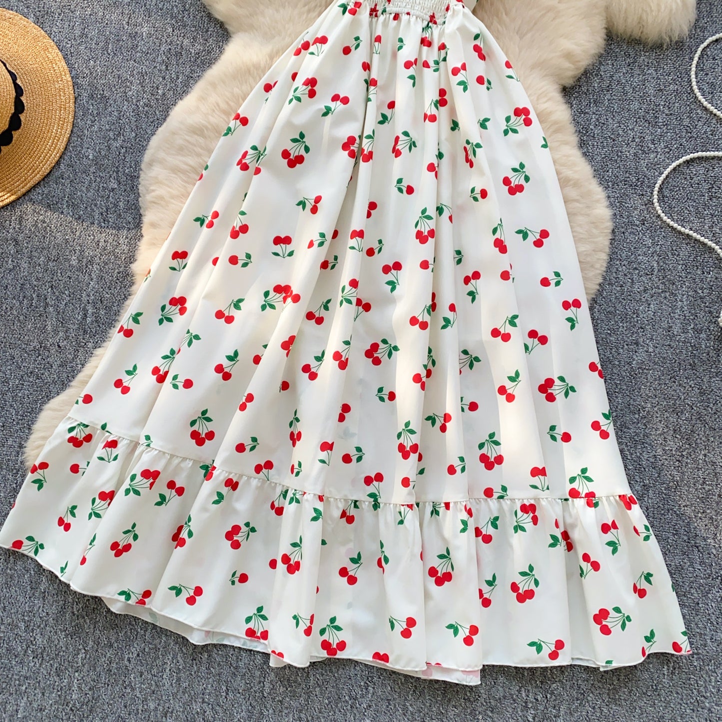 French style square collar, small flying sleeves, slim waist, single-breasted cherry print dress R2339