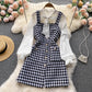 Temperament bow tie long-sleeved white shirt two-piece suit plaid suspender dress R2340