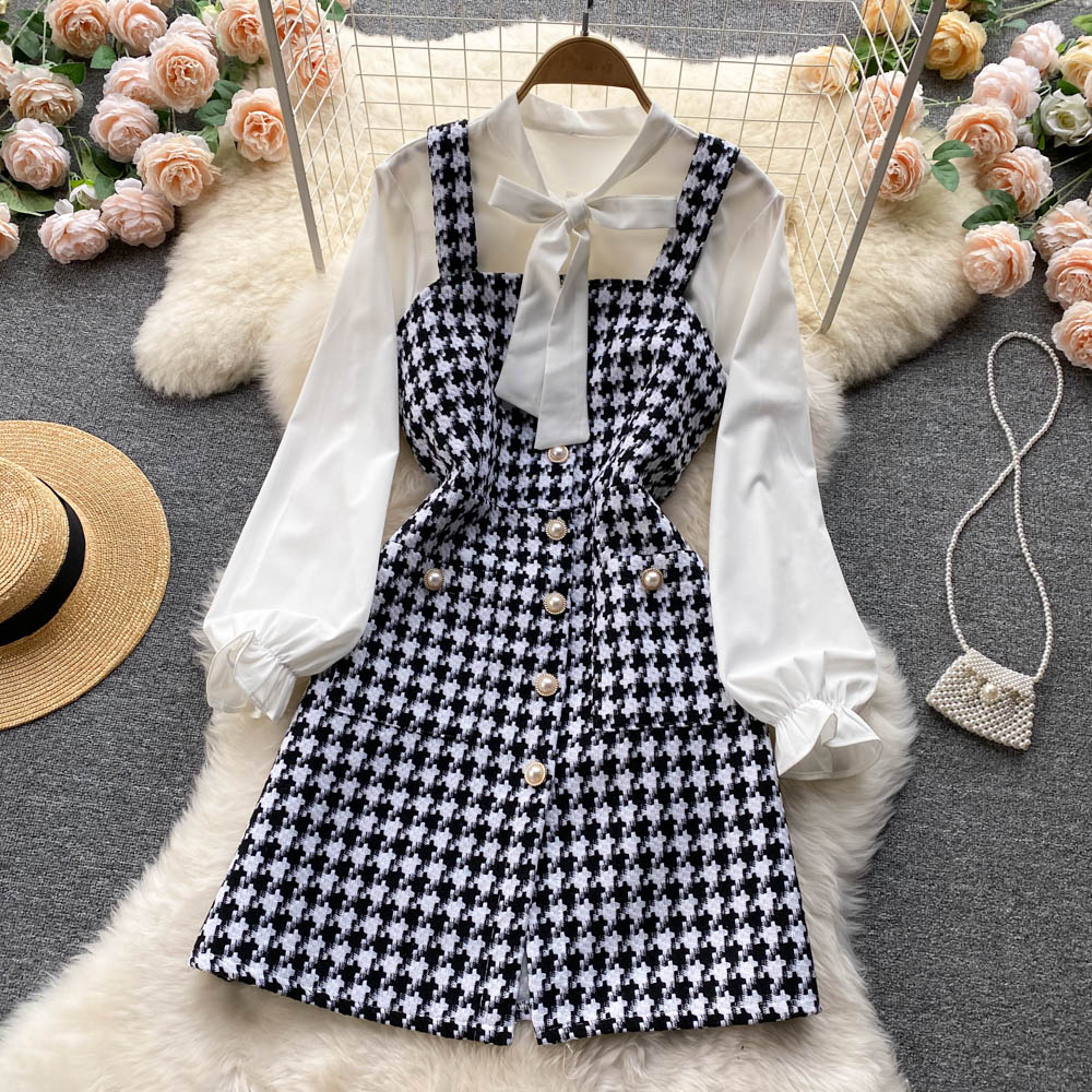 Temperament bow tie long-sleeved white shirt two-piece suit plaid suspender dress R2340