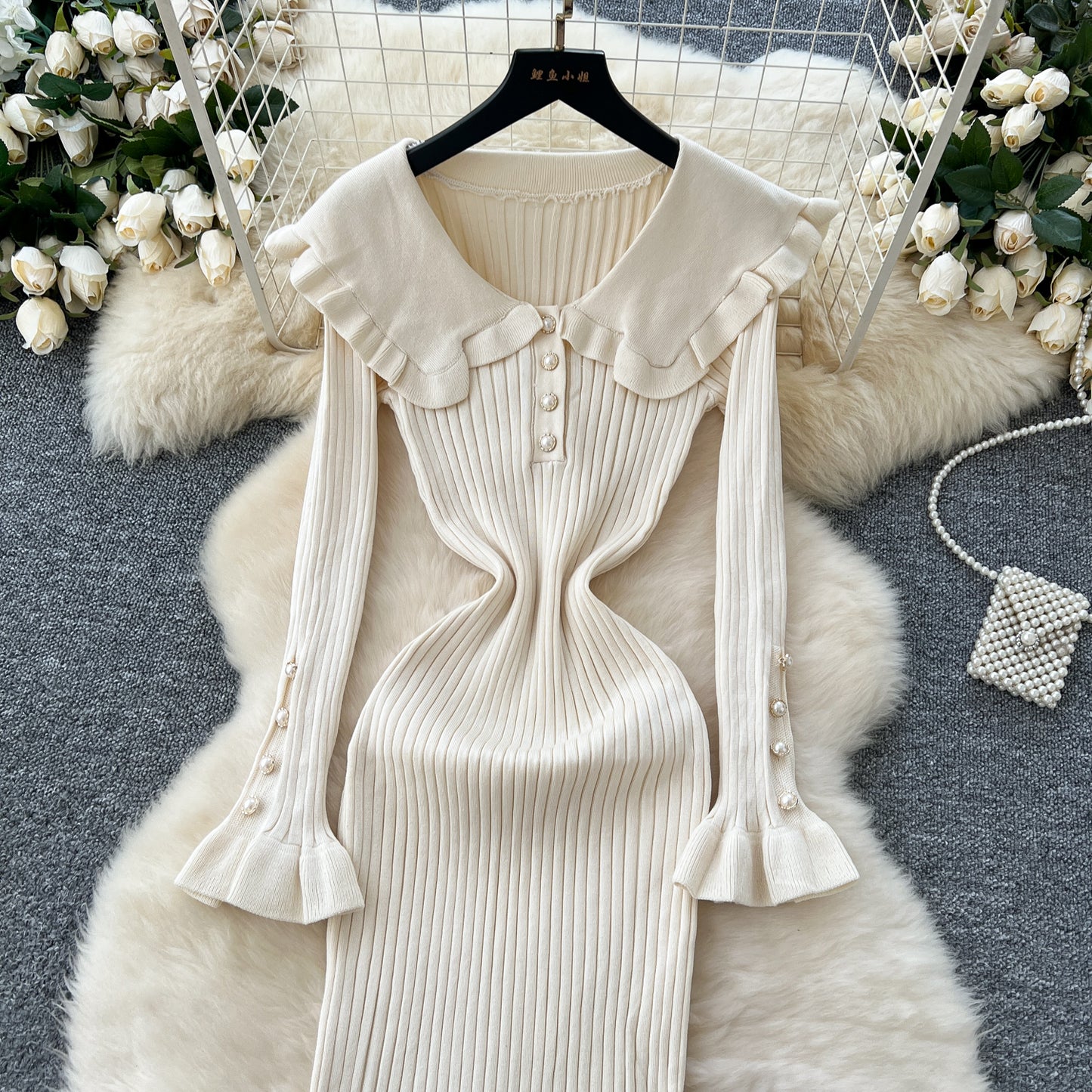 French retro contrast color doll collar waist knitted dress elastic slim fit skinny ruffled long skirt R2344