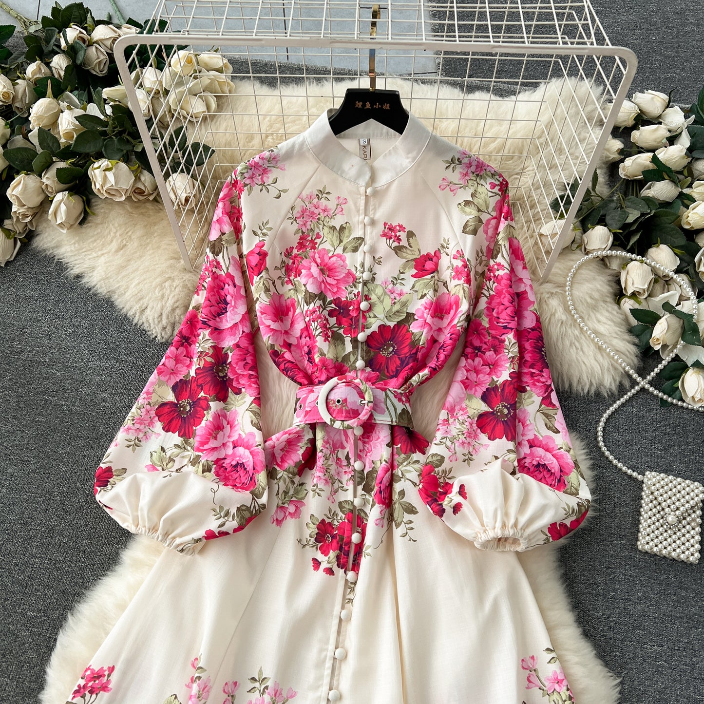 Flower series 2025 new high-end printed slim-fitting long French puff sleeve temperament dress R2347