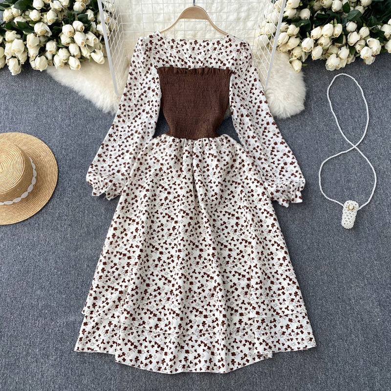 French sweet niche strap contrast color fake two-piece long-sleeved dress floral long skirt R2346