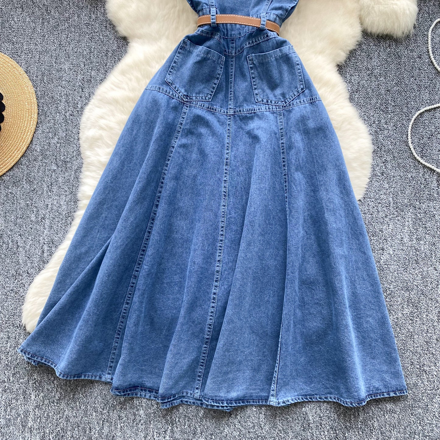 French retro V-neck ruffled single-breasted waist slimming over-the-knee denim dress R2350