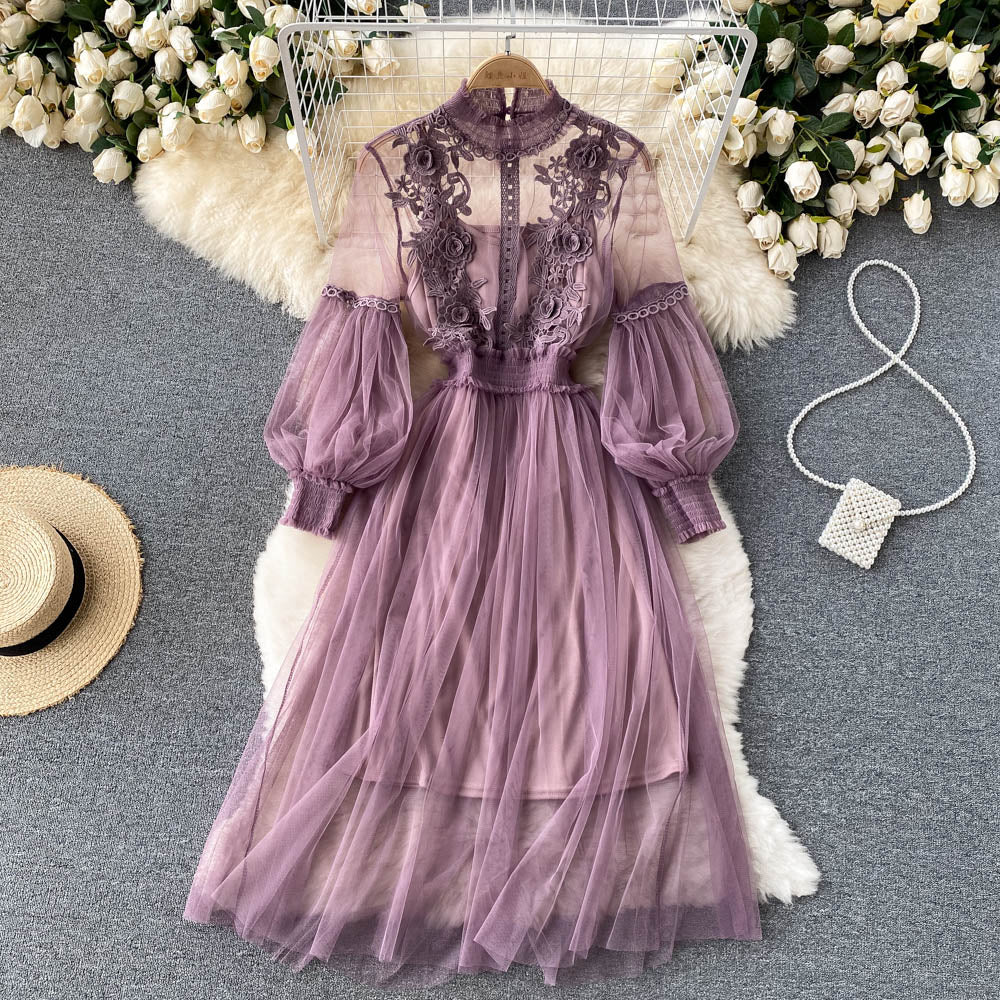 Three-dimensional flower mesh elegant stand-up collar lantern sleeve high waist suspender dress R2348