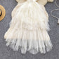 High-grade lace suspenders waist mesh puffy dress French style slim holiday long dress R2349