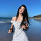 Gentle blue short-sleeved dress with elegant waist A-line short skirt R0828