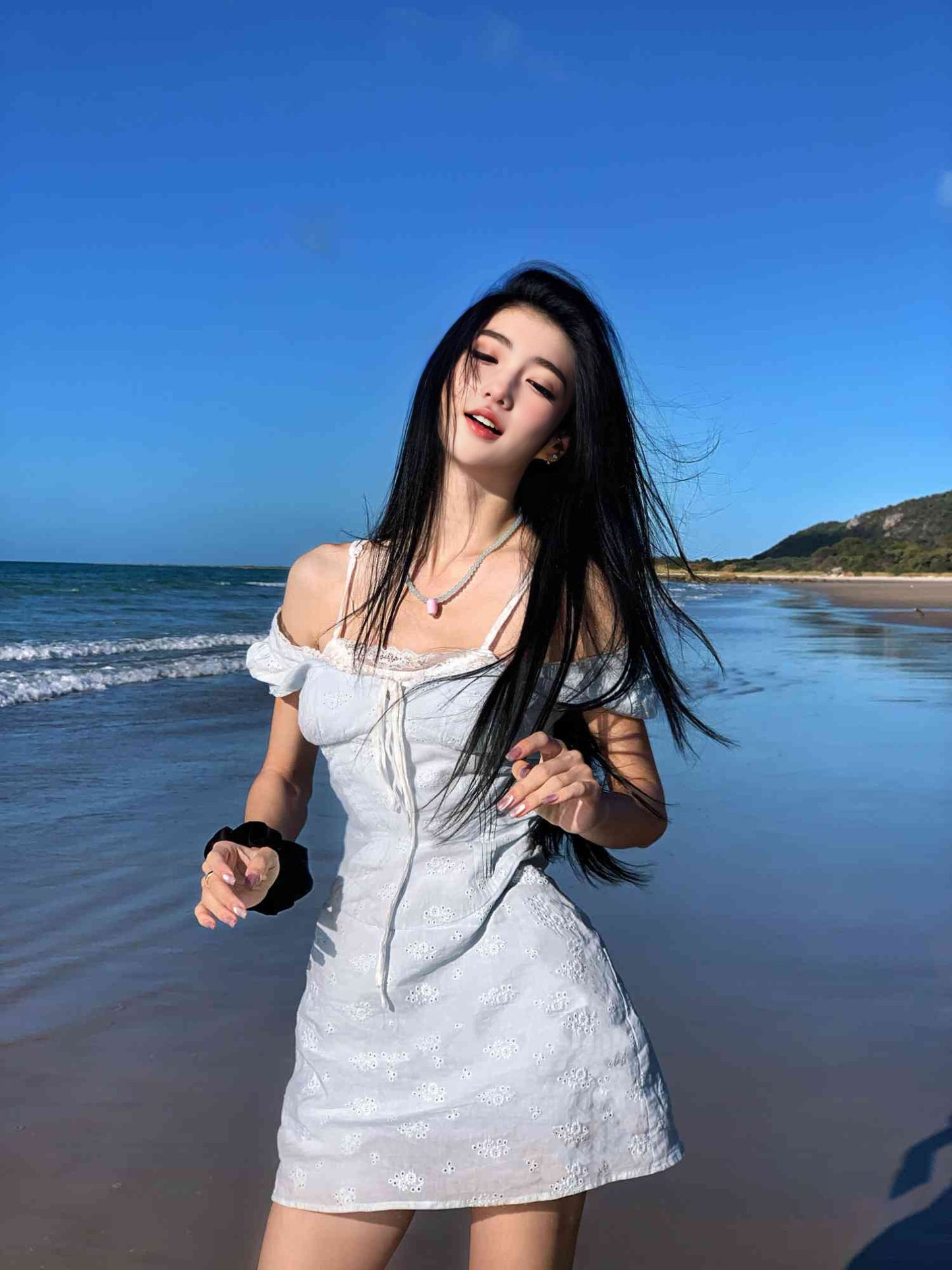 Gentle blue short-sleeved dress with elegant waist A-line short skirt R0828