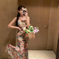 Retro floral suspender dress beautiful waist hip skirt R0657