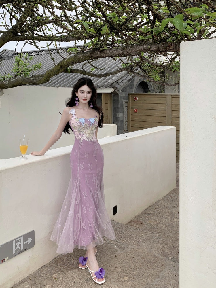 Beautiful little skirt purple flower sling dress beautiful waist hip skirt R0656