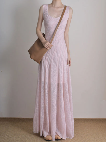 Pink suspender dress, beautiful waist temperament long dress R0533