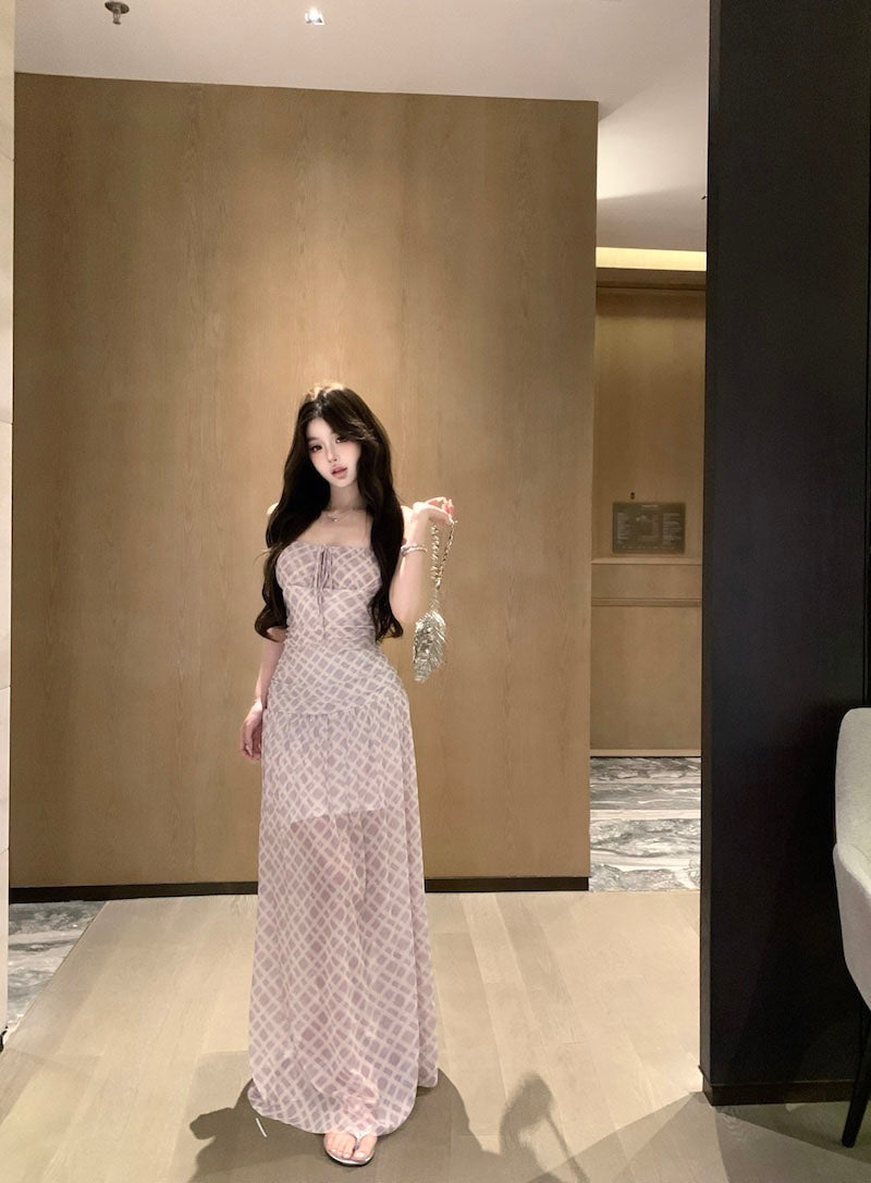 Purple suspender dress beautiful waist a-line beach dress R0587