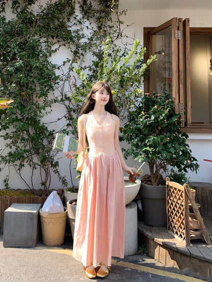 Pink V-neck vest dress with elegant waist and beautiful small skirt R0584