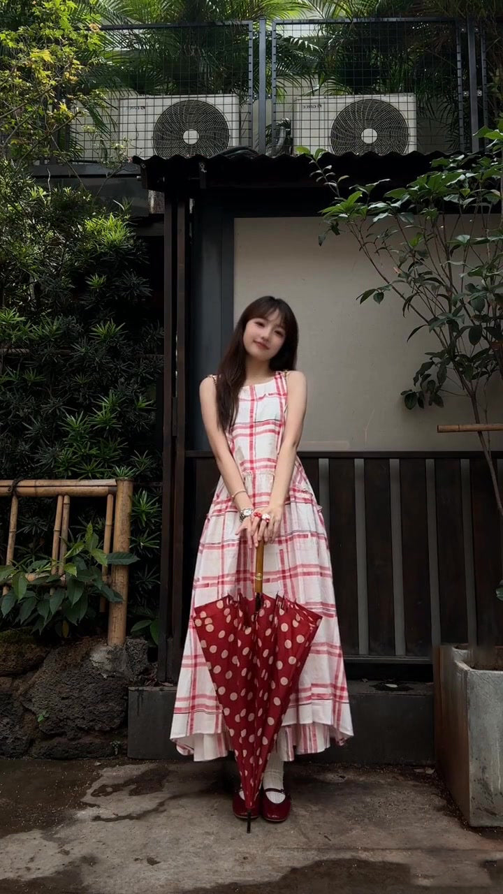 Pink plaid sleeveless dress beautiful age-reducing loose A-line vest dress R0585