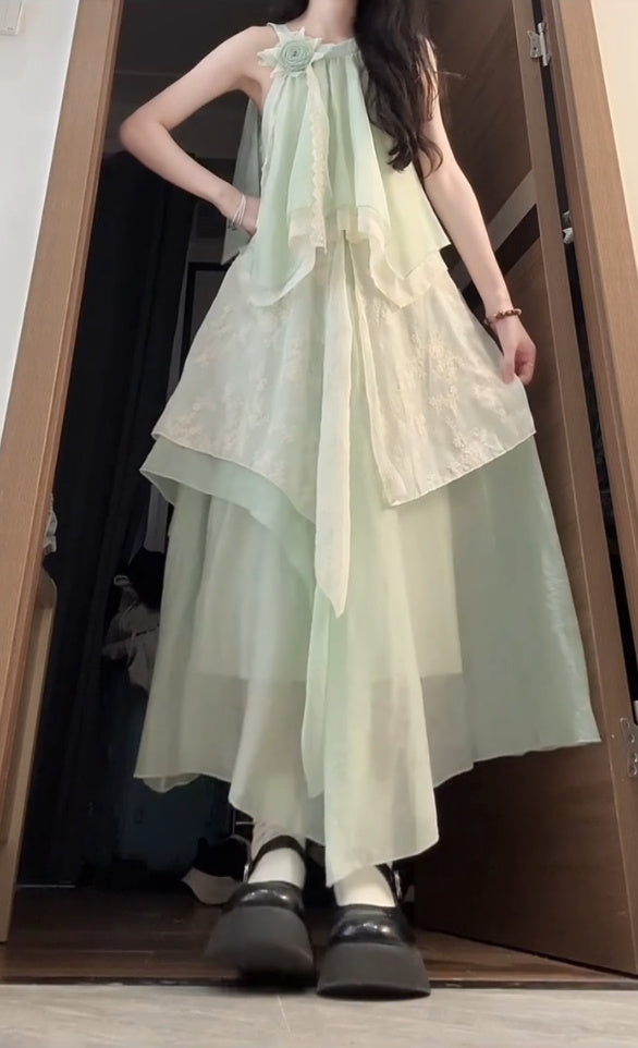 Mint green halter neck dress irregular beautiful loose beach dress R0665