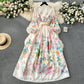 French dress sweet lace V-neck buttoned slim long design print dress R2141