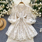 French court style V-neck lantern sleeves embroidered waist slimming A-line elegant dress R2146