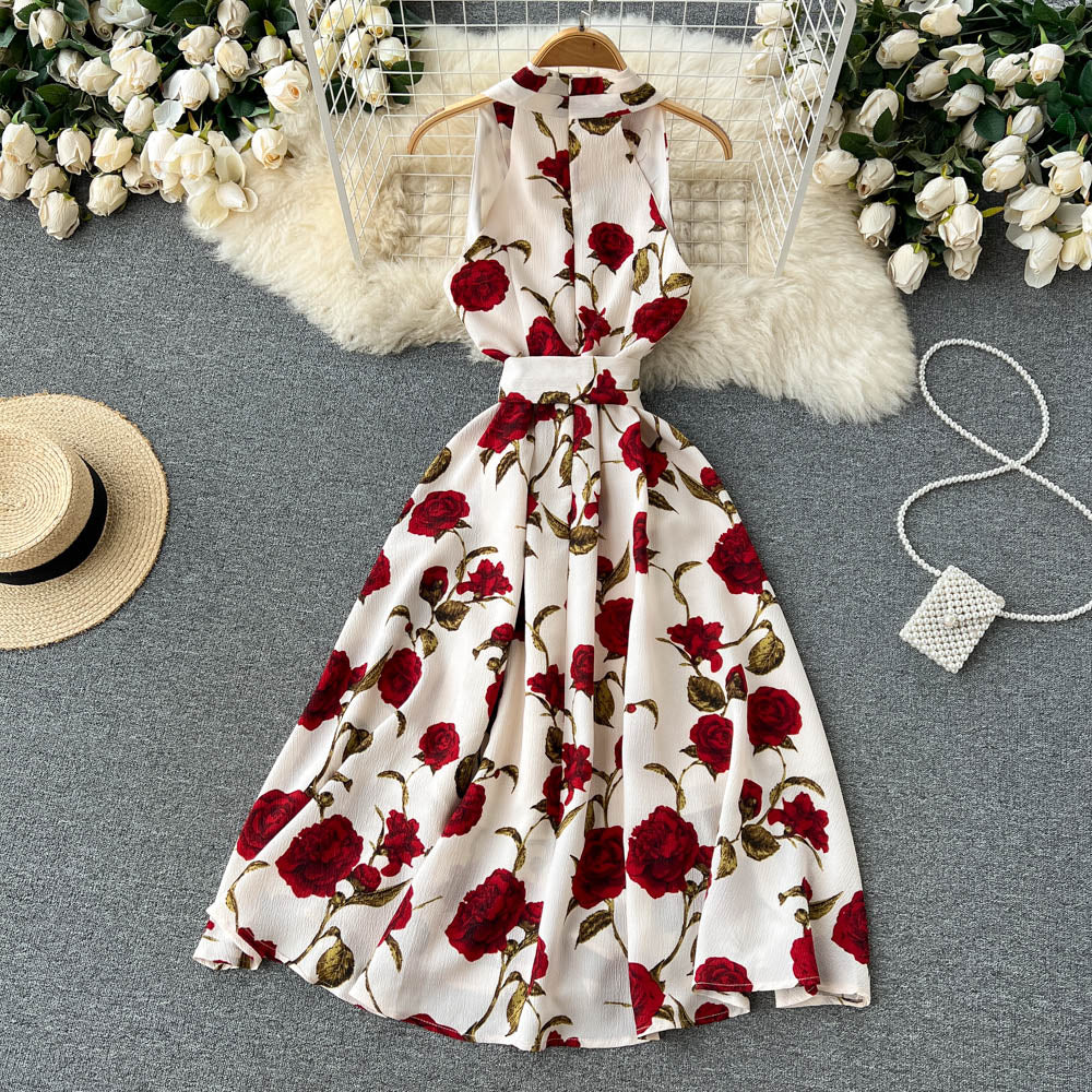 Retro printed dress 2025 new style temperament V-neck tie waist slim medium long dress R2139