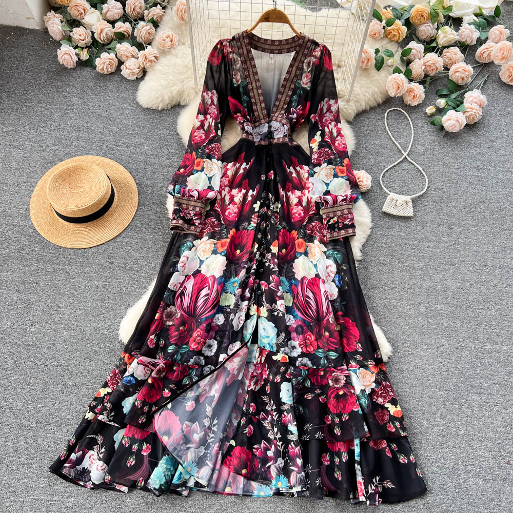 French court style temperament slim French chiffon mesh dress A-line printed long skirt R2149