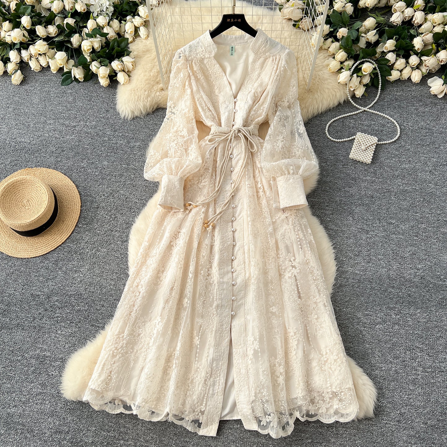 French high-end dress 2025 waist embroidery V-neck lantern sleeves single-breasted long skirt R2135