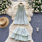 High-end round neck halter top high waist slimming A-line skirt sweet two-piece suit R2161