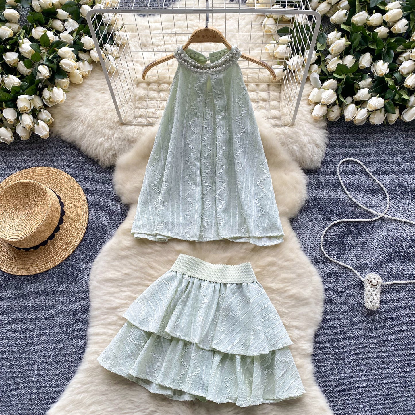 High-end round neck halter top high waist slimming A-line skirt sweet two-piece suit R2161