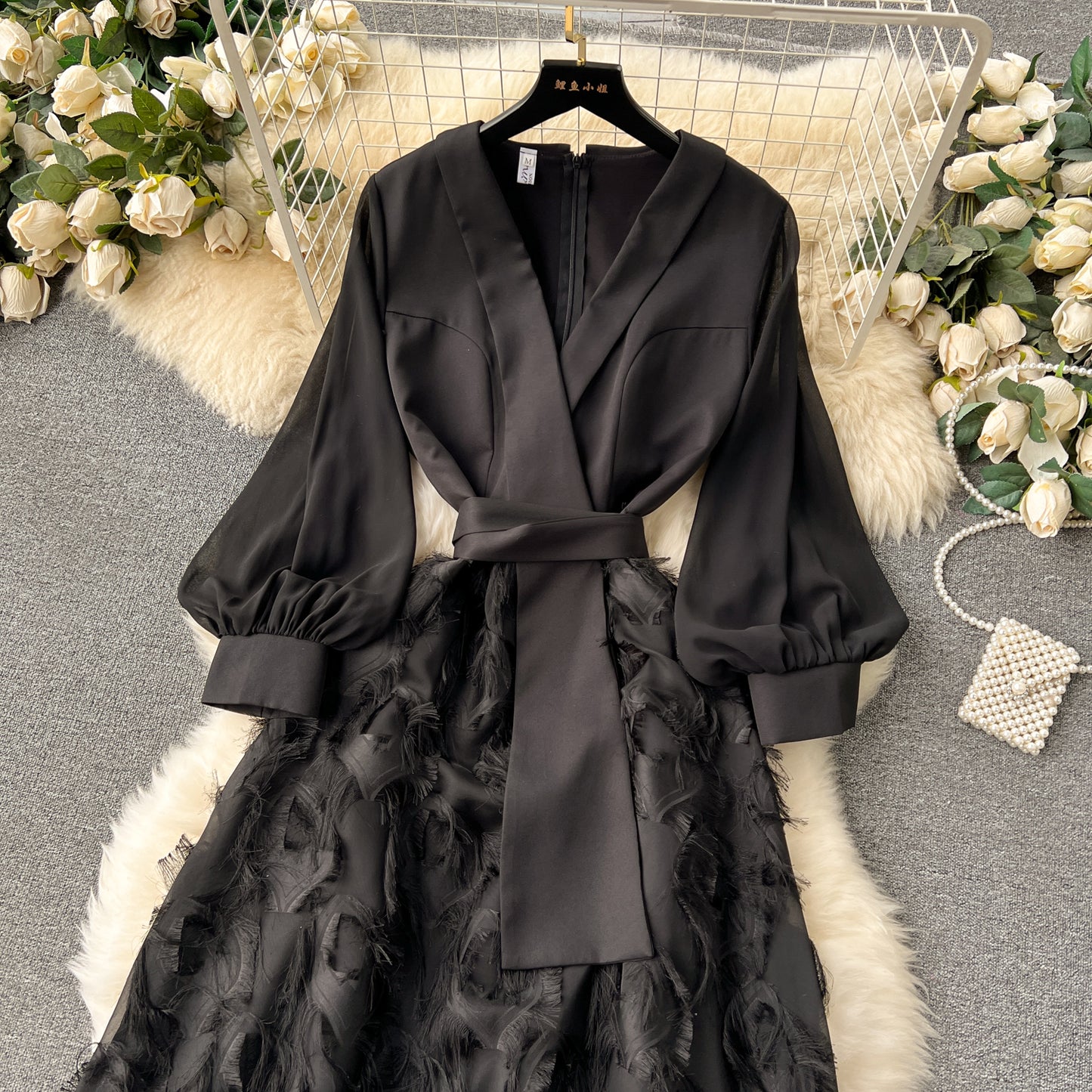 High-end dress 2025 new French splicing fake two-piece temperament long dress R2153