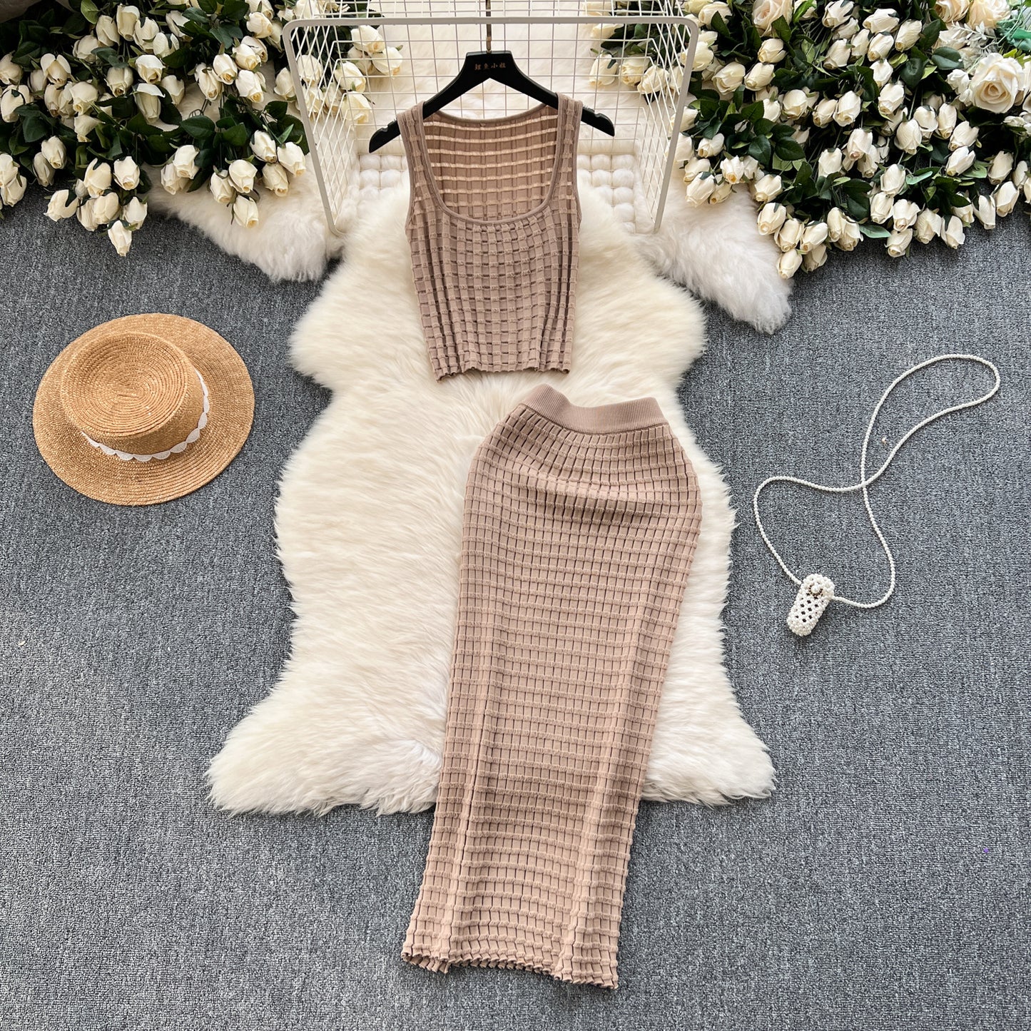 Retro hot girl style suit short vest top versatile high waist skirt knitted two-piece suit R2164