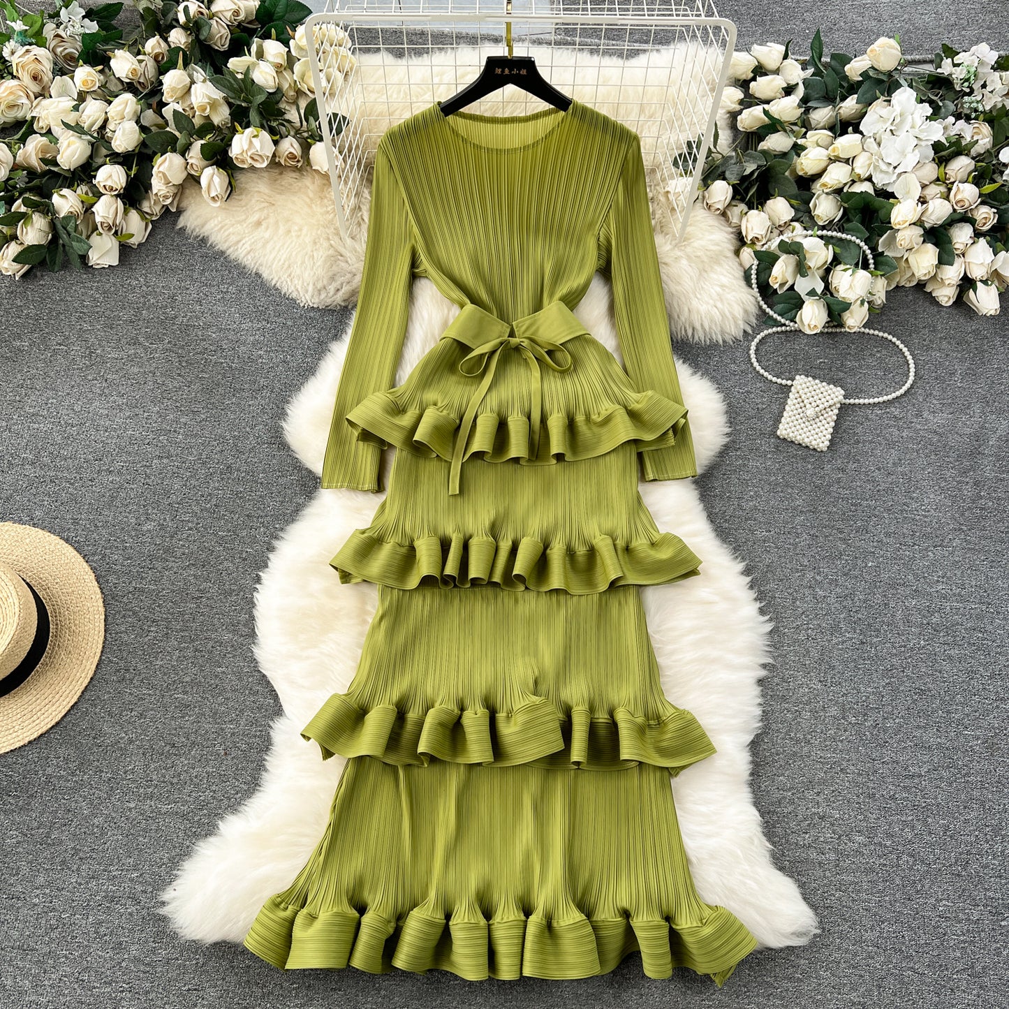 Banquet dress high-end niche ruffle cake skirt pleated slim long dress R2151