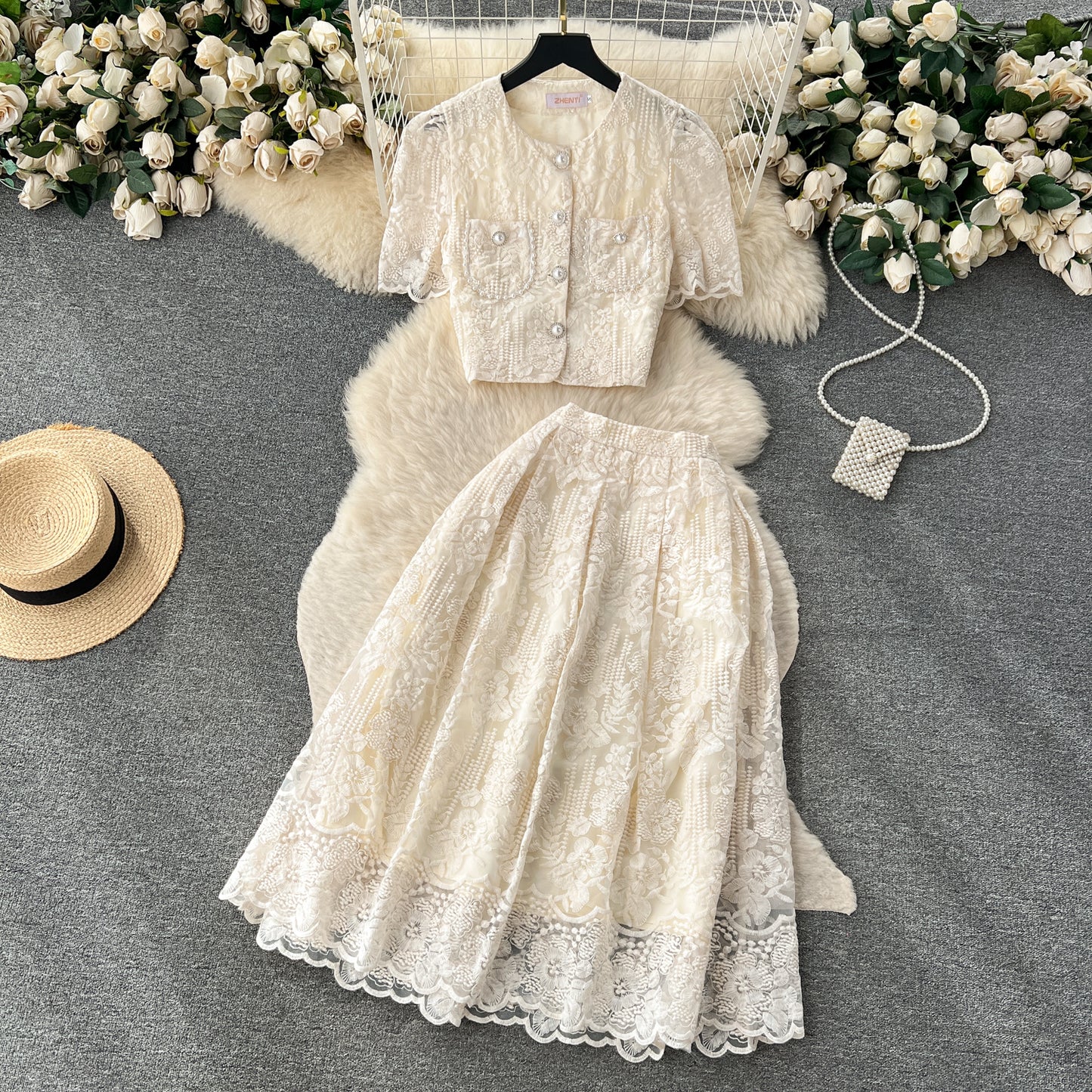 High-end suit French lace hook flower puff sleeve shirt two-piece high waist slim skirt R2137