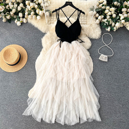 French style slim fit deep v sweet high waist long skirt cake beach skirt suspender dress R2142