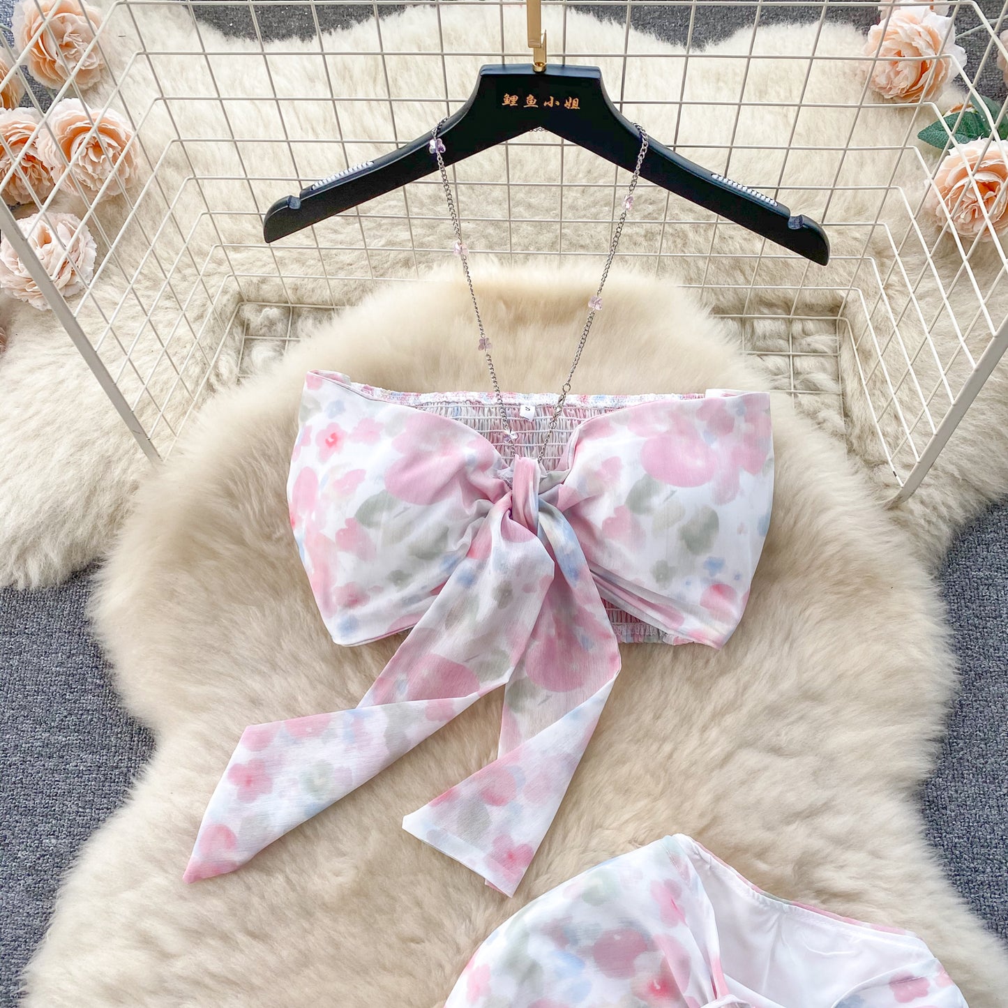 Vacation outfit sexy halter neck tube top hip fishtail skirt skirt floral two-piece suit R2152