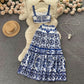 Printed suit pure waist-revealing camisole vest high waist midi skirt R2138